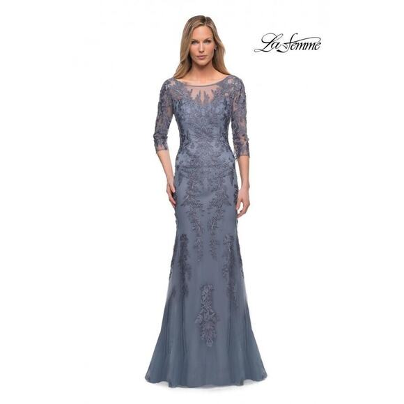 La Femme Dresses & Skirts - La Femme NWT Tulle with Lace Applique and Illusion Top 29226 Gown Slate Blue 6